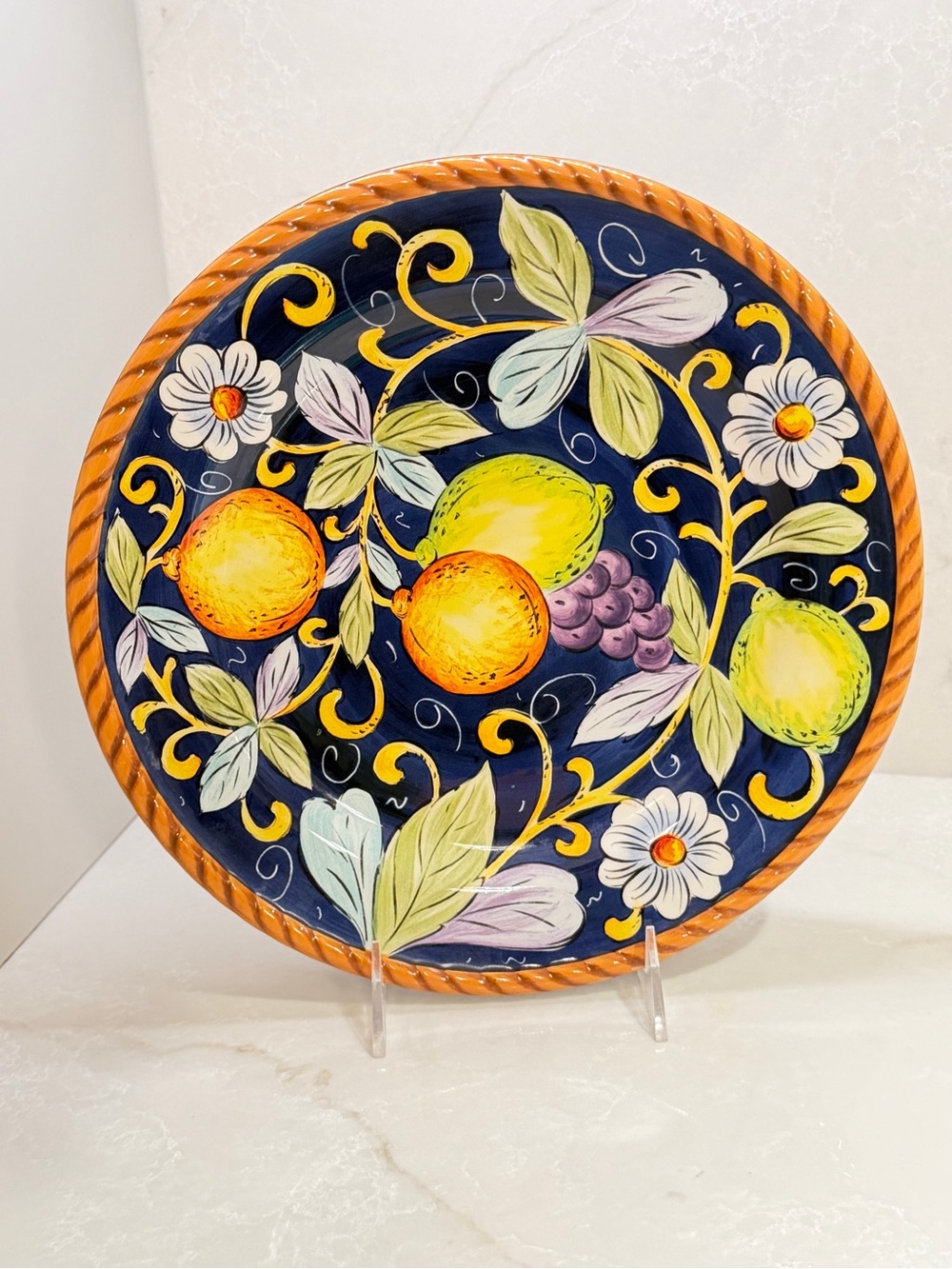 Italian Hand-Painted Decorative Fruit Ceramic Plate - Navy & Orange
